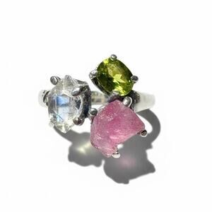 Pink & Green Tourmaline Ring w/ Herkimer Diamond | Sterling Silver | Size 7.5